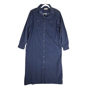 LL Bean Vintage Corduroy Shirt Dress Sz 18 Midi Long Sleeve Blue Tradwife Modest